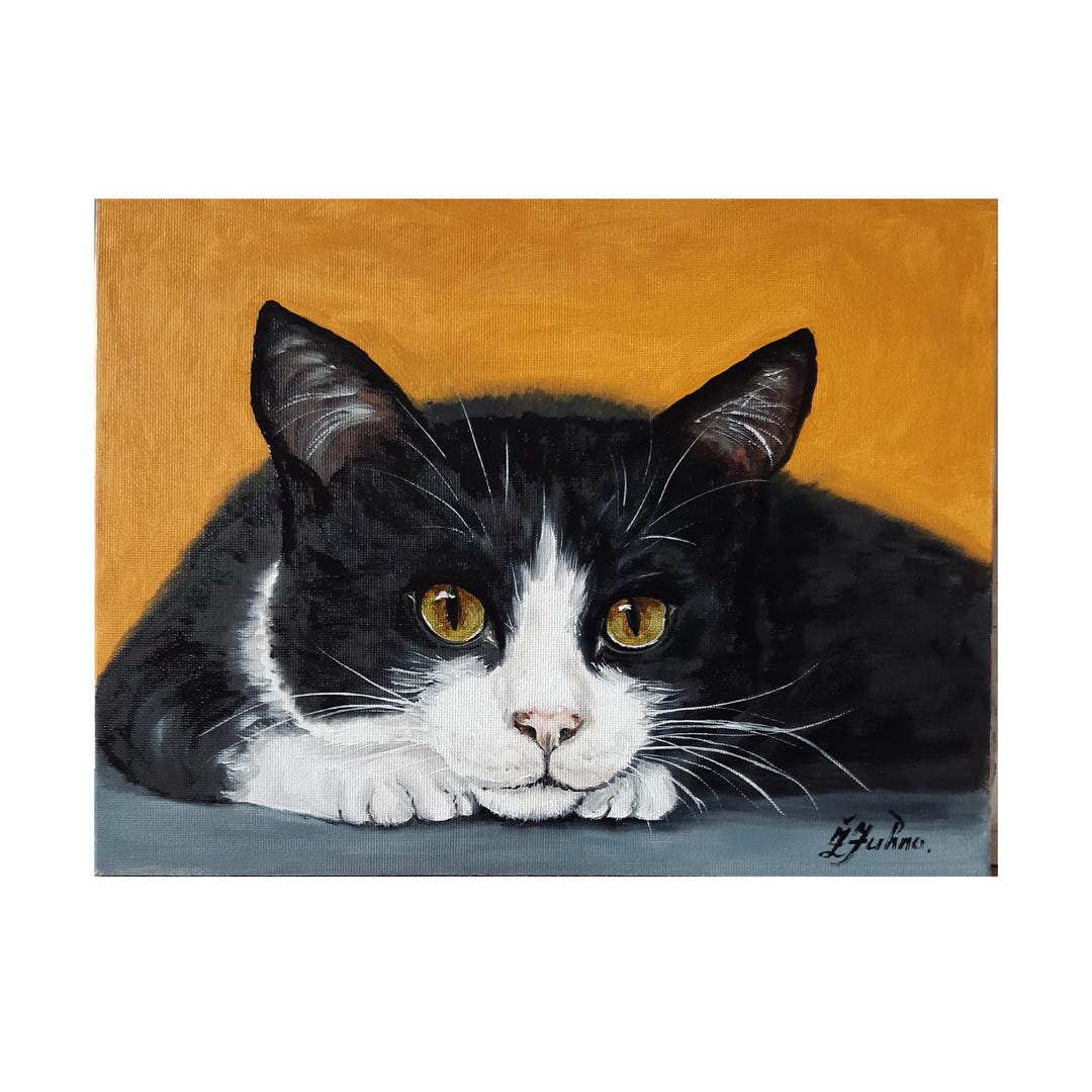Tuxedo Cat Oil Painting, Black White Art, Original Animal Painting, Pet ...