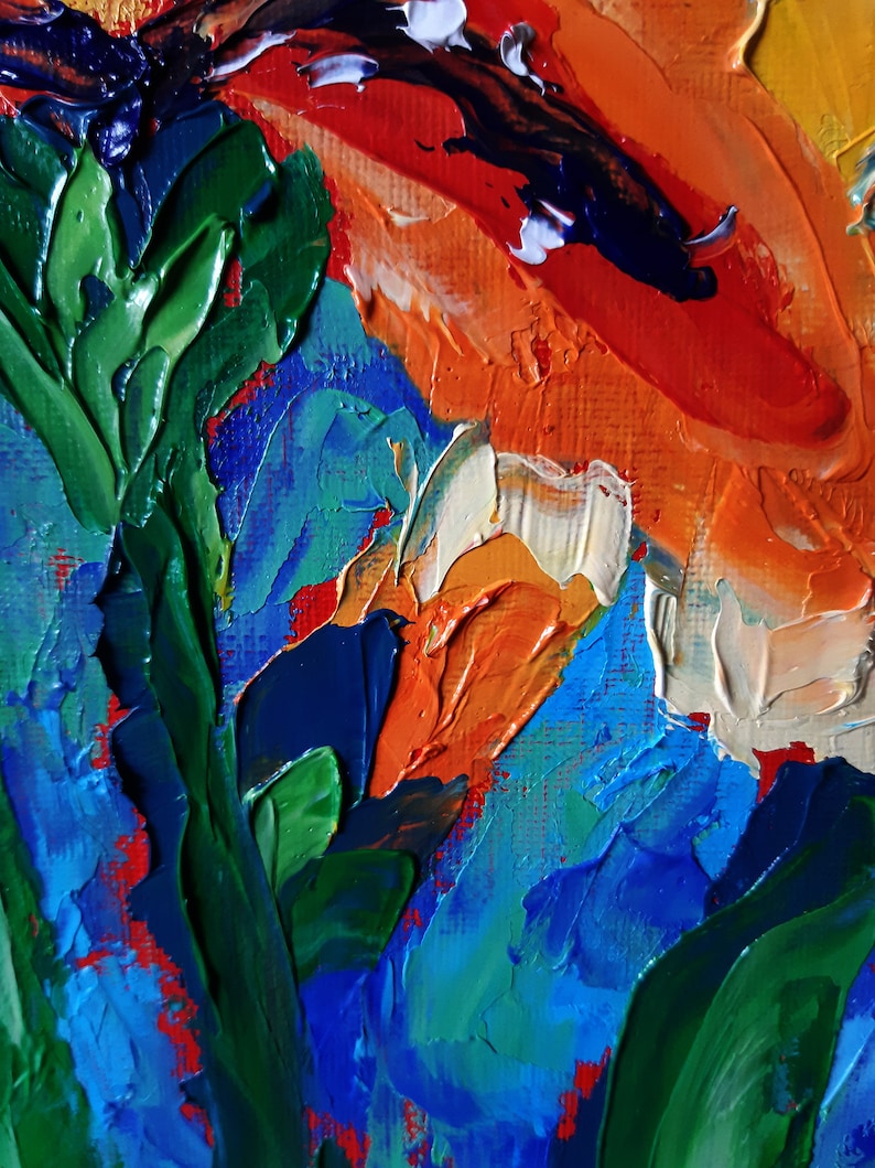 Iris Flower Oil Painting Original Impasto Floral Art Blue Background ...