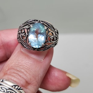 Vintage 925 Sterling Silver Scroll Work Aquamarine Ring Size 6 1/2