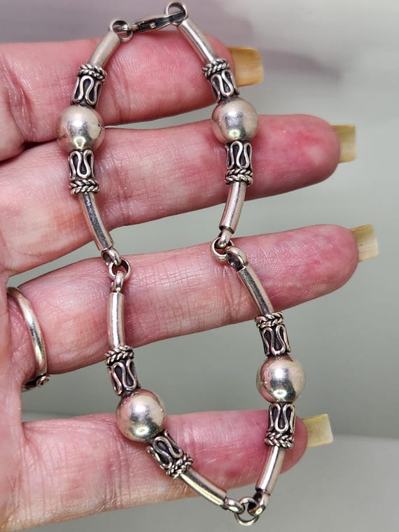 925 Sterling Silver Link Bracelet with Balinese Designs Size 7.5
