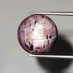 May include: A round, polished gemstone held by tweezers. The gem is a mix of purple, brown, and black, with a star-like pattern visible on its surface. The gem is smooth and reflective, with a natural, organic appearance.