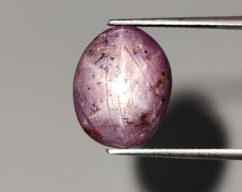 May include: Oval-shaped, purplish-red gemstone held by tweezers. The gem has a star-like effect and dark inclusions. The stone is smooth and polished, reflecting light. The background is a neutral gray.