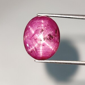 May include: A polished, oval-shaped ruby gemstone held by tweezers. The ruby is a deep pinkish-red color with a star-like effect visible on its surface. The gemstone has a smooth, reflective surface and is set against a neutral background.