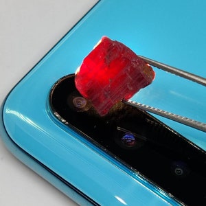 Può includere: Una pietra preziosa di colore rosso intenso con una superficie ruvida e naturale. La pietra preziosa è tenuta da una pinzetta sopra uno smartphone blu.