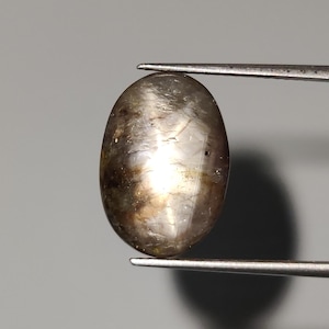 May include: An oval-shaped gemstone held by tweezers. The gem has a mix of brown, gold, and gray tones with a polished surface. The gem is a cabochon cut, with a smooth, rounded top and a flat bottom.