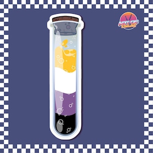 May include: A cartoon illustration of a test tube with a cork stopper. The tube contains layers of yellow, white, purple, and black liquids, with bubbles. The background is a dark blue with a checkered border and a logo that says "Art of Decadence".