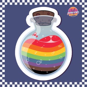 May include: A cartoon illustration of a round glass bottle with a cork stopper. The bottle contains a rainbow-colored liquid, with red, orange, yellow, green, blue, and purple layers. The bottle is surrounded by a white border and set against a blue background.