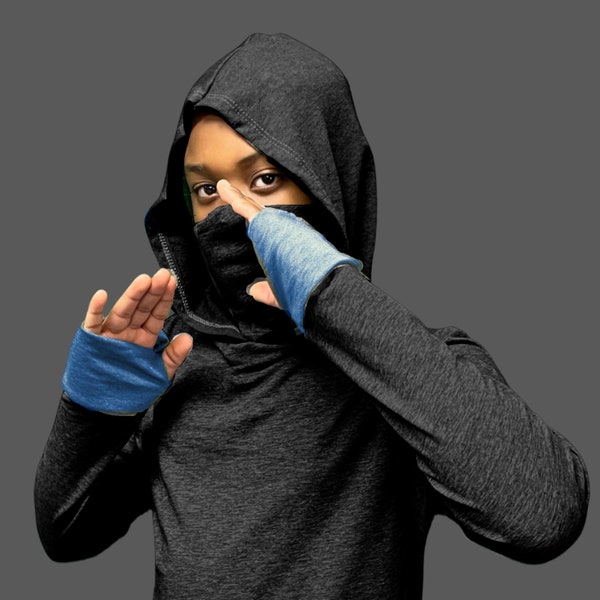 Ninja Kid Black Shirt with Mask, kids thumbholes, kid costume mask