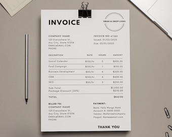 Puede incluir: Una factura en blanco y negro con el título "INVOICE" y el nombre de la empresa "COMPANY NAME". La factura enumera los servicios y las tarifas, incluido el calendario social, la campaña pagada, el desarrollo empresarial, el CRM y el SEO. El importe total adeudado es de 840,00 €.