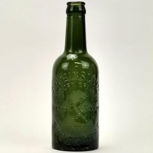 Antique F. Robinson Unicorn Brewery Stockport Embossed Green Beer Bottle, Breweriana with Base Chip