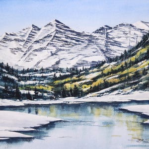 Maroon Bells, Colorado  watercolor print Rocky Mountain snow scene winter painting Steve Castle Double matted to fit in 8x10 or 16x20 frame