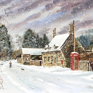 Cotswolds Winter Taynton England  watercolor print of Steve Castle original landscape painting  Double matted to fit in 8x10 or 16x20 frame