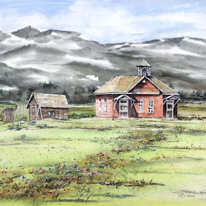 May include: A watercolor painting of a red schoolhouse with a white trim and a bell tower. The schoolhouse is set against a backdrop of a mountain range with a cloudy sky. There is a small wooden building and a swing set in the foreground.