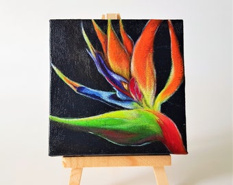 Acrylic Painting On 10x10cm Mini Canvas With Easel, Bird Of Paradise Flower Art Painting, Decoration Art Gift For Friends/Love Ones/Yourself