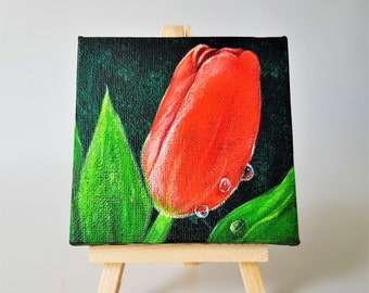 Acrylic Painting On 10x10cm Mini Canvas With Easel, Closeup Tulip Flower Art Painting, Decoration Art Gift For Friends/Love Ones/Yourself