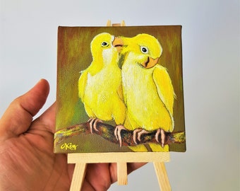 Acrylic Painting On 10x10cm Mini Canvas With Easel, Cute Yellow Love Birds Art Painting, Decoration Art Gift For Friends/Love Ones/Yourself