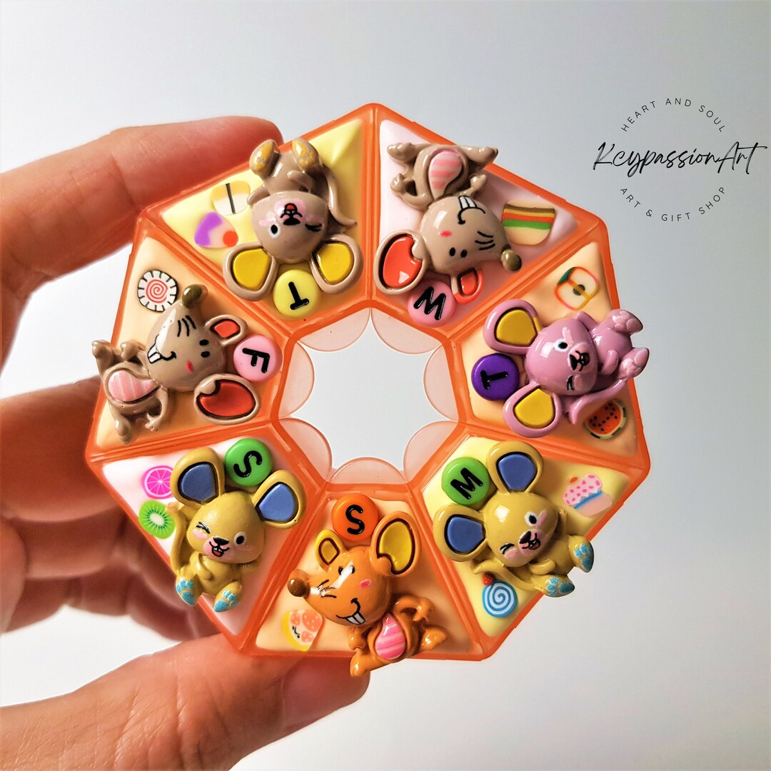 7 Day Pill Organizer 'cheeky Mice' Hand Decorated Weekly Pill Box