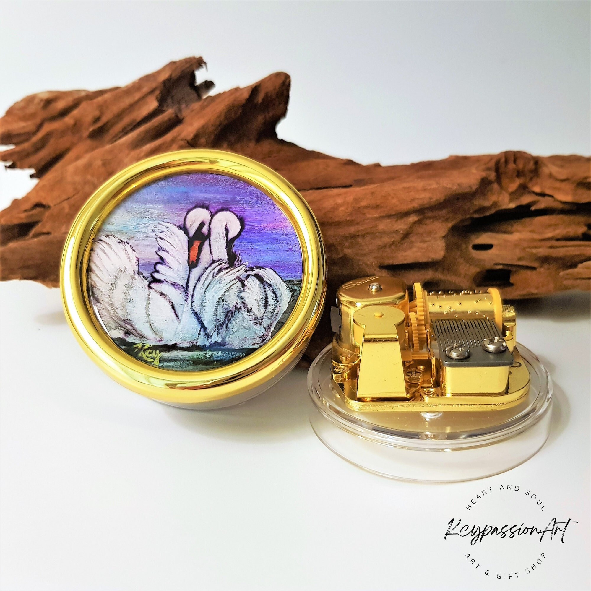 Hand Painted 'Loving Swans' 18 Note 'Swan Lake' Song On A Windup Round Music box