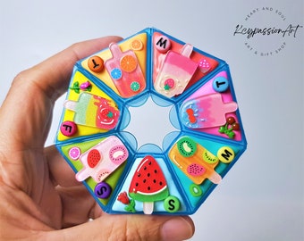 7 Day Pill Organizer 'Fruity Popsicle' Cute Pill Box, Medicine Vitamin Supplement Dispenser, 7 Day Pill box, Weekly Pill Organizer