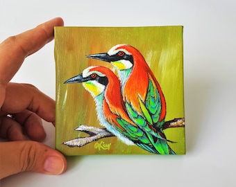 Acrylic Painting On 10x10cm Mini Canvas With Easel, Lovely Bee Eater Birds Art Painting, Decoration Art Gift For Friends/Love Ones/Yourself