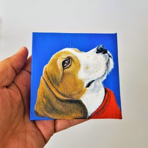 Acrylgemälde auf 10 x 10 cm großer Mini-Leinwand mit Staffelei, süßes Beagle-Welpen-Hunde-Kunstgemälde, Dekoration, Kunstgeschenk für Freunde/Lieben/Sich selbst