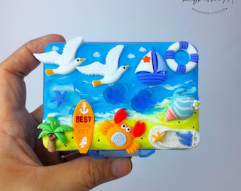 Large Flip & Fold Pill Organizer 'Beach Day Fun' 9 Compartments Medicine Pill Box