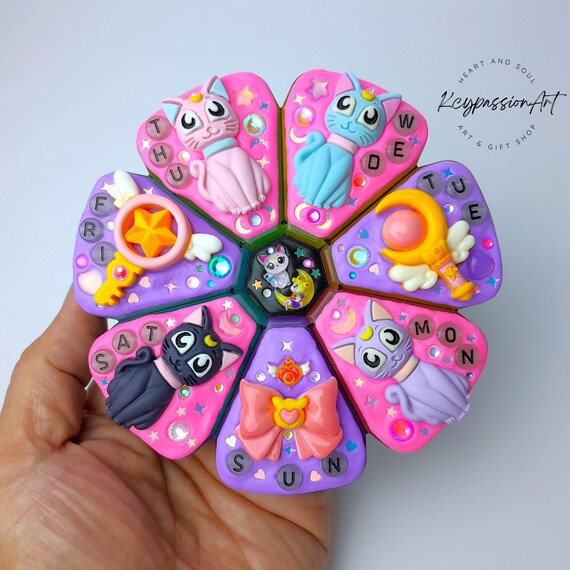 Hand-decorated XL 7 Day Pill Organizer 'magic Wands & Moon Cats' 8