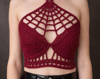 Crochet Halter Top Pattern – Spiderweb Lace Crop Top – Gothic Festival Bralette PDF