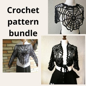 CROCHET PATTERN BUNDLE to make three goth spiderweb tops or gothic mesh lace boleros and cardigans for Halloween, alt wear and festivals