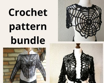 May include: A crochet pattern bundle featuring three different designs of black crochet tops with a spiderweb pattern. The text "Crochet pattern bundle" is displayed at the top of the image.