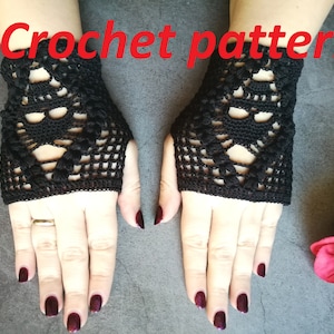 CROCHET PATTERN and photo tutorial for Gothic crochet fingerless gloves, black lace short arm warmers