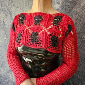 CROCHET PATTERN and photo tutorial on how to make granny square skull bolero for goth women or gothic top for alt music festivals