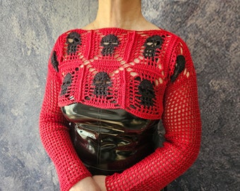 CROCHET PATTERN and photo tutorial on how to make granny square skull bolero for goth women or gothic top for alt music festivals