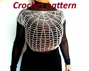 CROCHET PATTERN and photo tutorial on how to make Gothic crochet spiderweb cropped top, alt festival bolero for goth women, Halloween outfit