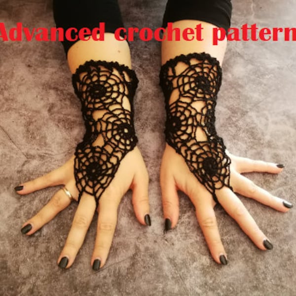 CROCHET PATTERN Gants sans doigts en toile d'araignée en dentelle, tutoriel photo au crochet pdf pour manchettes longues goth, accessoires gothiques