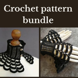 CROCHET PATTERN BUNDLE goth victorian skull high neck collar necklace, gothic choker for cosplays, alt wear, festivals or Halloween