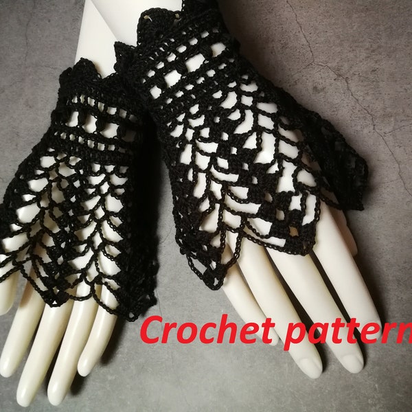 CROCHET PATTERN Goth Victorian wrist warmers, Victorian mourning lace cuffs, short arm warmers for dark romantic cosplay, Goth wedding
