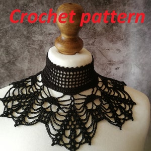 May include: Black crochet choker necklace with a delicate lace pattern. The necklace is displayed on a white mannequin bust. Crochet pattern.