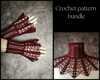 CROCHET PATTERN BUNDLE Black gothic crochet lace collar necklace, Goth crochet lace fingerless gloves