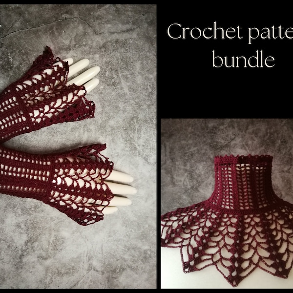 CROCHET PATTERN BUNDLE Black gothic crochet lace collar necklace, Goth crochet lace fingerless gloves