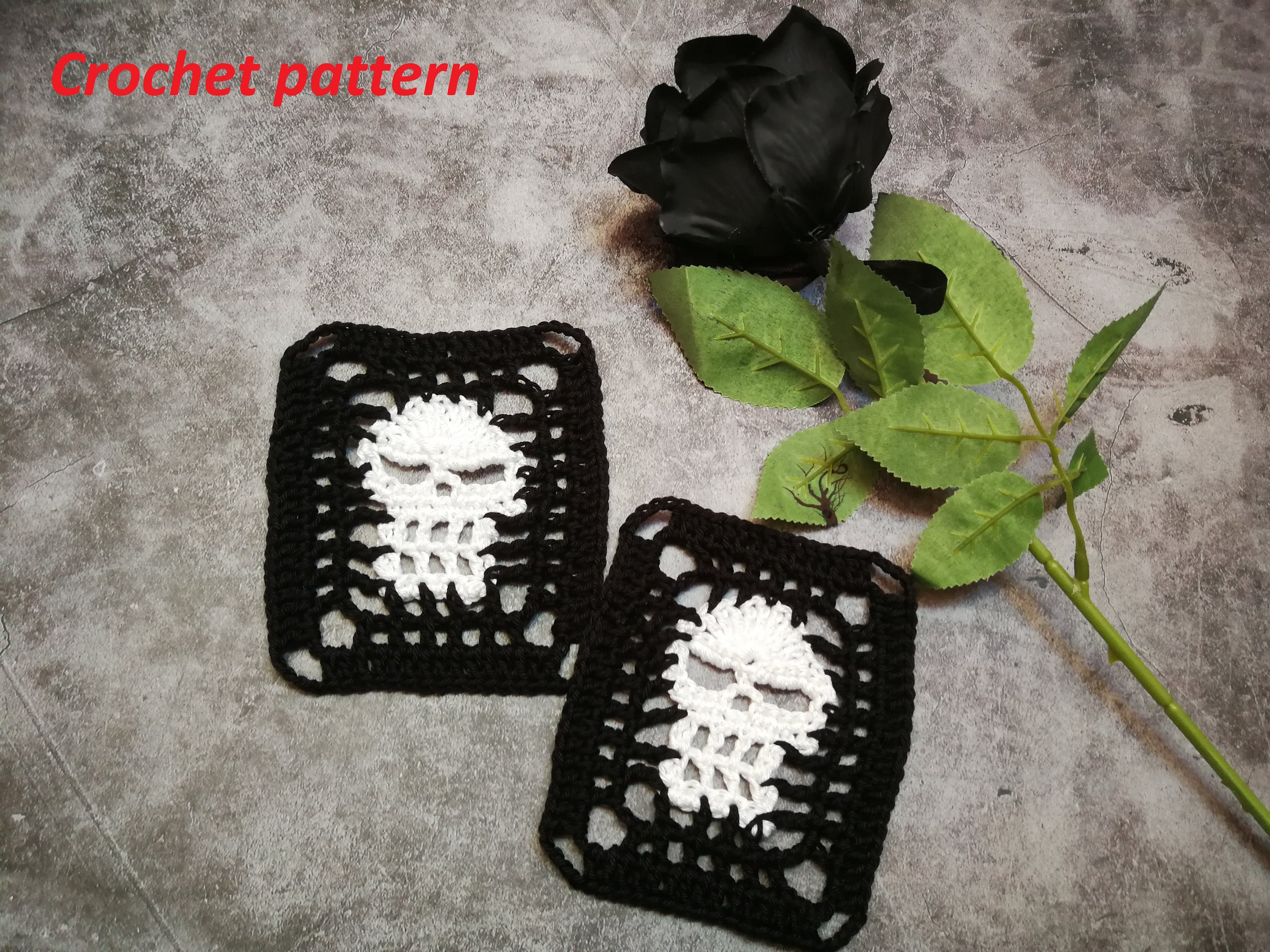 Skull Granny Square Crochet Pattern, Goth Halloween Motif