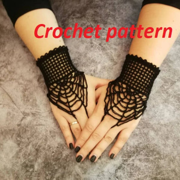 CROCHET PATTERN lace spooky spiderweb short arm warmers, gothic fingerless gloves for goth girls and women, alt wear, vampire cosplay