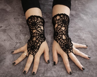 CROCHET PATTERN Lace spiderweb fingerless gloves, pdf crochet photo tutorial for goth long arm warmers, gothic accessories