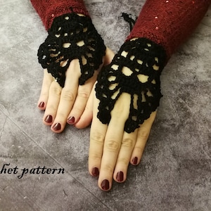 May include: A pair of black crochet fingerless gloves with a delicate lace pattern. The gloves are worn on a pair of hands with dark red nail polish. "Crochet pattern" is written in cursive on the bottom of the image.