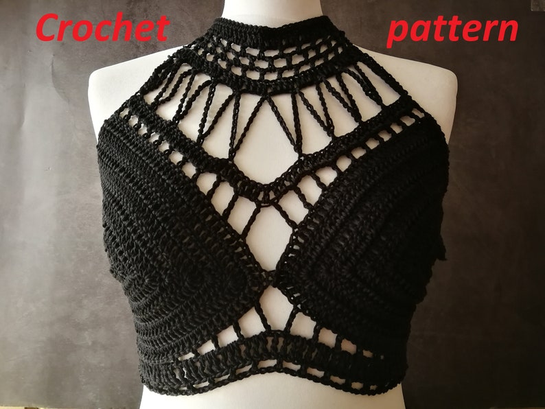 May include: Black crochet halter top with a high neckline and openwork design. The top features a geometric pattern across the chest and a fringe detail at the neckline. The words "Crochet pattern" are written in red.
