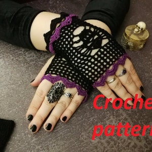 CROCHET PATTERN for gothic crochet fingerless gloves or black lace short arm warmers for goth women, alternative parties, size inclusive