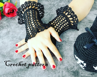 CROCHET PATTERN Goth Victorian wrist warmers, Victorian mourning lace cuffs, short arm warmers for dark romantic cosplay, Goth wedding