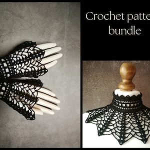 CROCHET PATTERN BUNDLE Black gothic crochet lace collar necklace, Goth crochet lace fingerless gloves