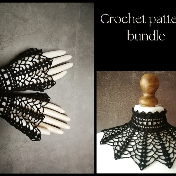 CROCHET PATTERN BUNDLE Black gothic crochet lace collar necklace, Goth crochet lace fingerless gloves