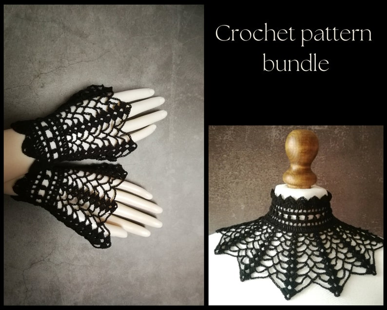 May include: Crochet pattern bundle for a black lace choker and matching wrist cuffs. "Crochet pattern bundle" text is visible in the image.